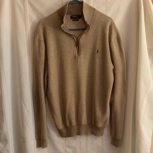Polo by Ralph Lauren Men's Beige Zip-Up Sweater w Leather zipper pull